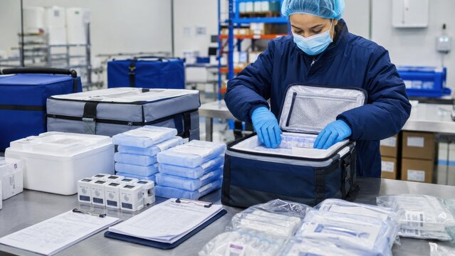 Worker prepares medical supplies in a storage facility focusing on organization and safety measures while wearing protective gear during operational hours