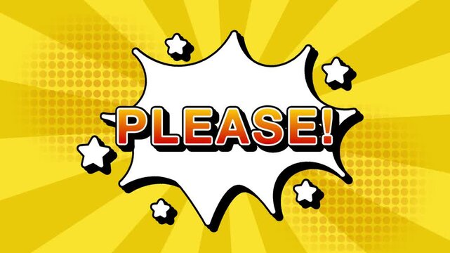 Please text word lettering popup comic cartoon reveal with bomb and smoke explosion manga anime book page dots with radial speed lines doodle yellow  background with seamless loop animation retro
