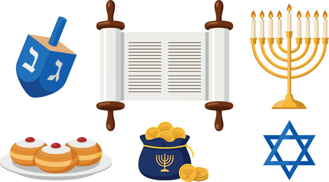 Hanukkah jewish holiday vector icon set featuring menorah candelabra torah scroll dreidel spinning top star of david sufganiyot donuts isolated on white