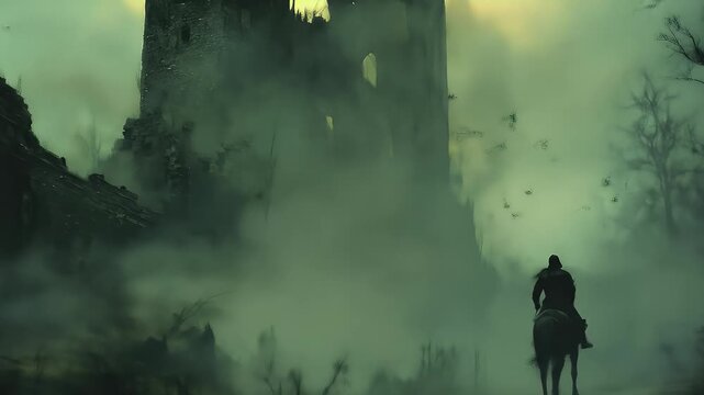 Knight on horseback rides toward ruins amidst fog and foreboding atmosphere