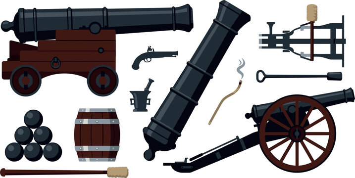 Vintage artillery cannon vector icon set featuring medieval pirate ship guns field weapon gunpowder barrel cannonballs flintlock pistol isolated on white background