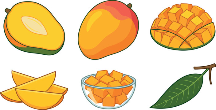 Fresh mango fruit vector icon set featuring whole sweet mangoes halved sliced diced cubes in bowl and green leaf isolated on white