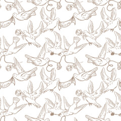 Fototapeta premium Seamless wedding pattern. Vector image of flying doves. White doves hold betrothal rings. Symbol of love and fidelity. Valentine's Day clipart. Outline drawing. Coquette style background.