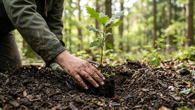 Person planting young oak tree sapling in forest soil