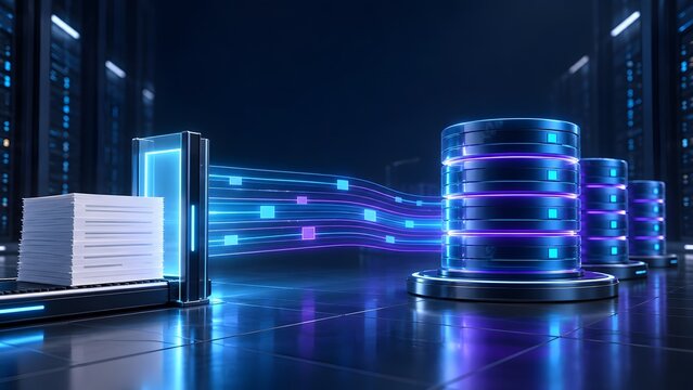 Automated digitization pipeline scanning physical paper stacks and transferring data streams to secure server racks