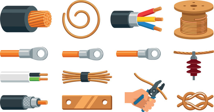 Electrical copper cable vector icon set featuring power wires spool terminals insulation busbar stripping pliers and industrial hardware isolated on white