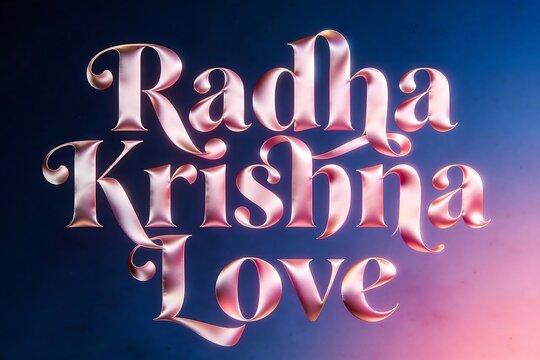 Elegant Radha Krishna text formed from flowing silk ribbon shapes in deep blue and soft pink luxury tones