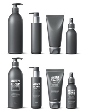 Realistic cosmetic bottles of famous brands. Minimalist design of black 3D containers with labels. Dispenser and spray mockup. Moisturizer or shampoo tube. Cosmetic packaging vector set