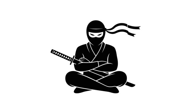 Black ninja sitting cross-legged with katana sword silhouette.