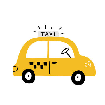Hand drawn yellow taxi car illustration with checker details and roof sign. Playful urban transport artwork in a simple naive style, perfect for kids themes, travel concepts and city designs.