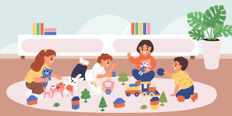 Fototapeta premium Little friends playing in room. Smiling children in playroom. Kids group playing with toys in kindergarten. Boys and girls on carpet. Daycare playground. Nursery activities. Vector concept