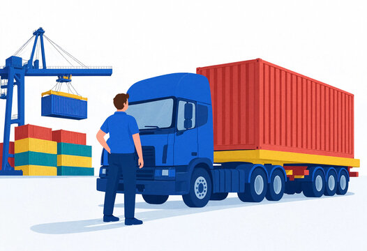 Blue truck driver stands beside a loaded red shipping container trailer at a busy cargo port with cranes and stacked containers in the background.