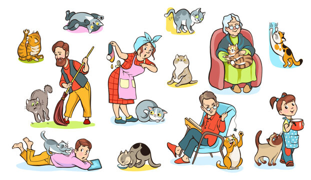 Cats with owners. Pets in different situations. People interacting and playing with animals. Grandmother feeding and taking care of kittens. Fluffy mammal poses. Vector isolated set