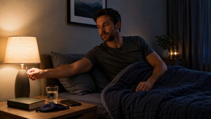 Fototapeta premium man lying in bed reaches to turn off a bedside lamp in a dimly lit bedroom at night.