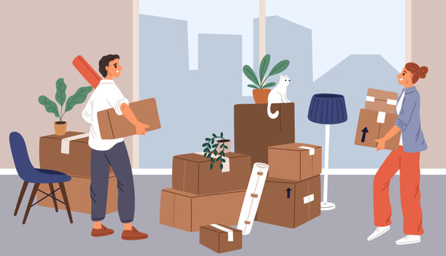 Young happy couple is getting ready to move. Family packing up belongings from apartment. Cardboard containers. Loading boxes with household items and unpacking in new home. Vector concept