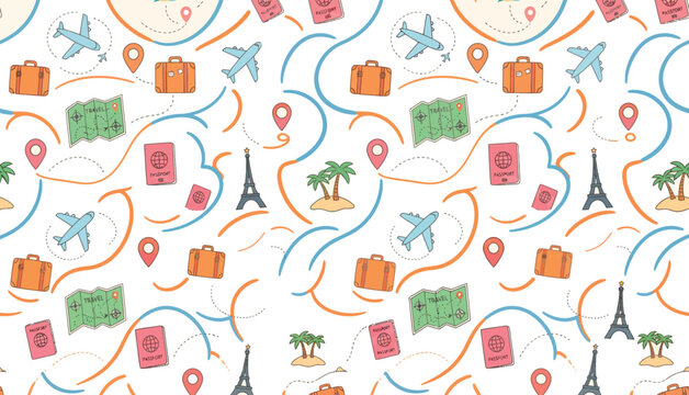 Seamless travel pattern with airplanes, suitcases, passports, maps, and landmarks
