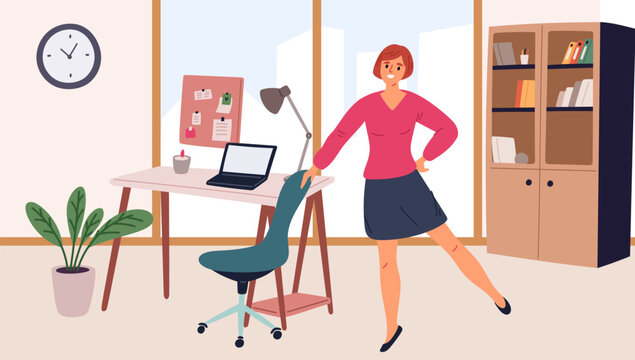 Woman stretching at work. Office exercises. Staying healthy while sitting at desk. Flexible body indoor training with furniture. Physical workout. Fitness at workplace. Vector concept