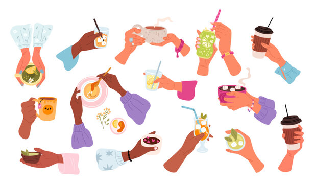 Womens hands holding cups of drinks. Hot chocolate with marshmallows. Herbal tea or cappuccino. Cold cocktails. Female arms with takeout coffee. Delicious cacao glass. Vector beverages set