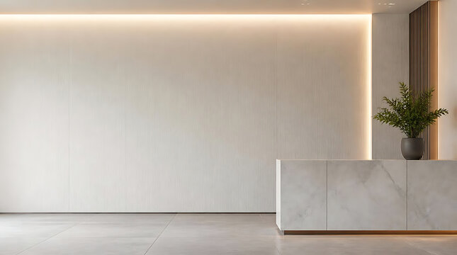 Minimalist white hotel lobby reception desk area.