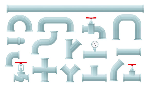 Water pipes. Water supply components. Industrial drainage system. Plumbing with taps or valves. Sewage tubes. Pressure technologies. Canalization junction. Engineering parts vector set