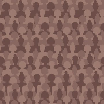 Silhouettes of men and women arranged in row. Human crowd seamless pattern. People brown figures group. Repeated print. Female and male faces. Citizens community. Vector background