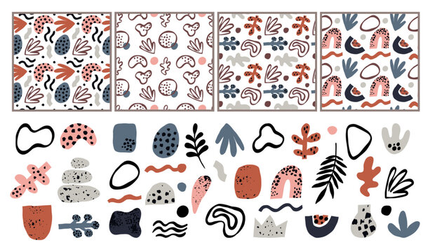Seamless pattern featuring abstract shapes. Creative contemporary designs. Elements of minimalist art and repeating primitive motifs. Boho print. Flat doodles. Vector backgrounds set