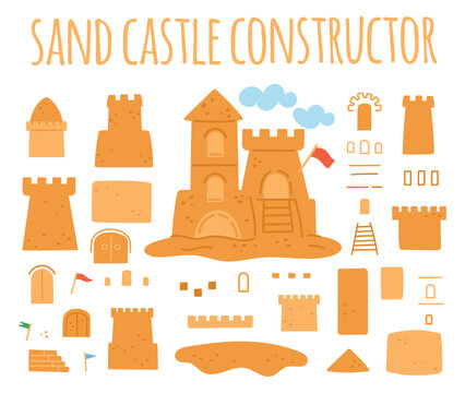 Sandcastle parts. Summer beach games. Kids fortress constructions. Childrens forts. Seaside holidays playing. Wall and tower shapes. Citadel constructor. Sandy palace elements vector set