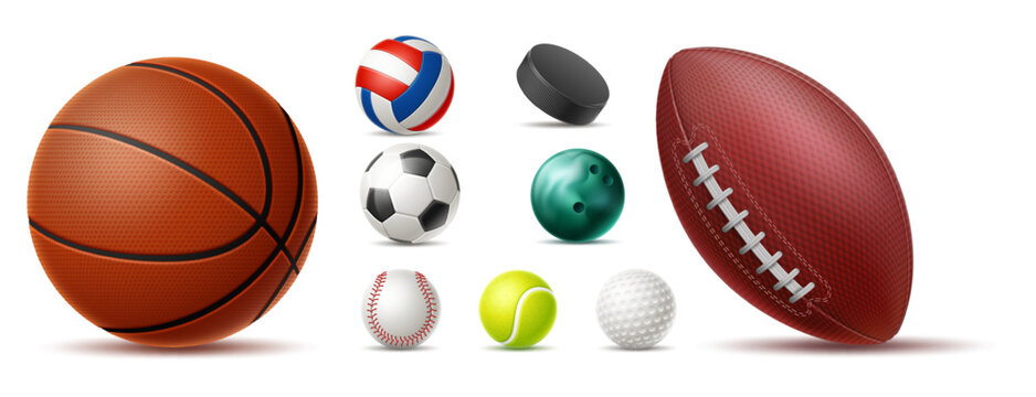 Realistic sports balls. 3D accessories for football, tennis and rugby. Golf and basketball playing spheres. Baseball and soccer championship. Various games isolated equipment vector set