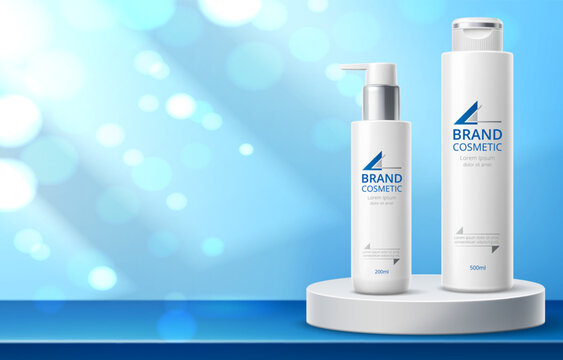 Realistic skin care product ad poster. 3D cosmetic bottles on shiny background. Branded packaging. Bokeh sparkles and light rays. Beauty lotion or shampoo. Advertising banner vector mockup