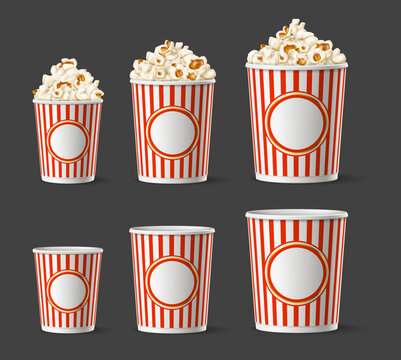 Realistic popcorn buckets. Round cardboard movie snack cups of different sizes. Fast food containers. 3D pop corn images. Roasted cereal in packaging. Empty or full glasses vector set