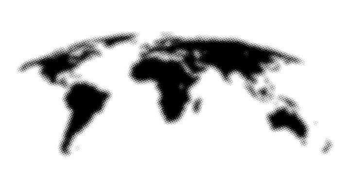 World map halftone design with abstract dotted continents in black on a white background. Modern global geography illustration creates a stylish texture for travel, business, and design.