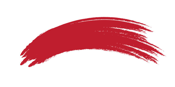 Red paint brush stroke with rough textured bristles and expressive curved sweep on a white background. Bold artistic grunge element creates a dynamic accent for branding and graphic design.
