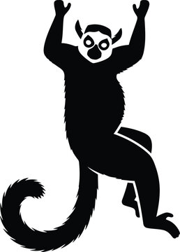 Stylized ring tailed lemur silhouette vector graphic design displaying a playful climbing primate with sharp black fur textures and a long curved tail in high contrast isolated on white background.
