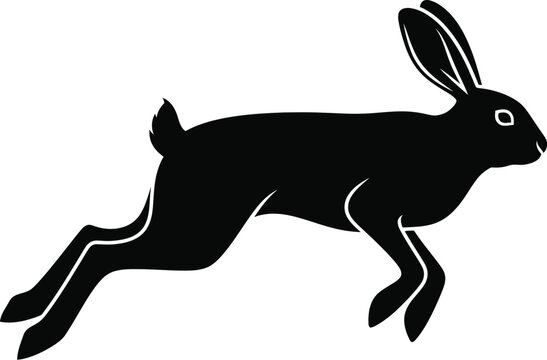 Minimalist black silhouette vector illustration of a fast running rabbit jumping forward with elegant simple lines and high contrast artistic shapes captured in a side profile view on white background