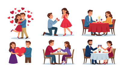 Fototapeta premium Romantic Valentine day couple vector collection with marriage proposal romantic dinner dating and hugging scenes isolated on white