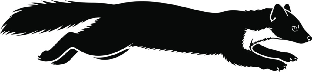 Fototapeta premium Running pine marten silhouette depicted as a sharp black and white vector graphic illustration capturing the graceful motion and wild agility of a woodland creature posed on white background.