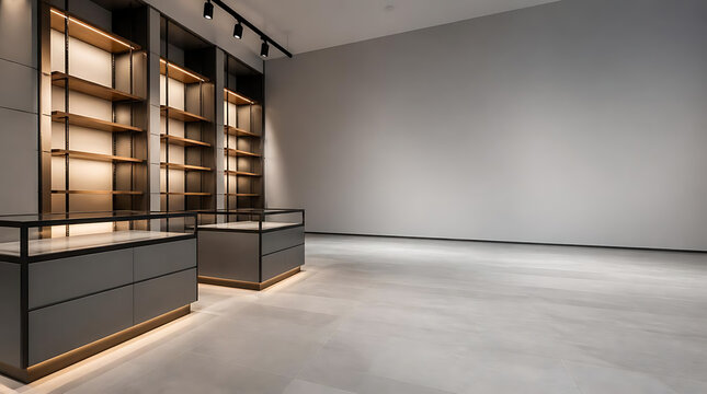 Modern minimalist retail showroom interior with illuminated shelving.