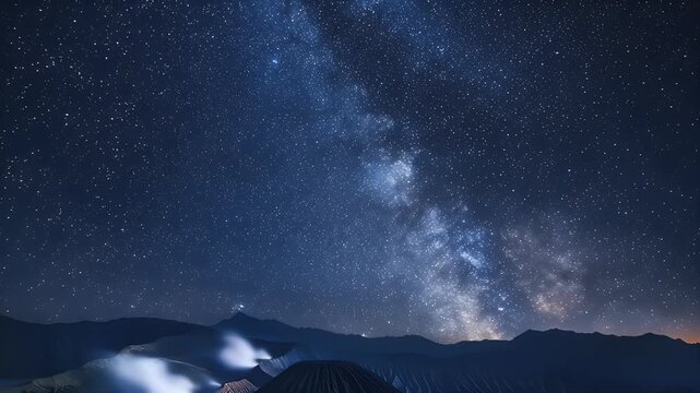Milky Way arches over a dark, hilly landscape under a star-filled sky