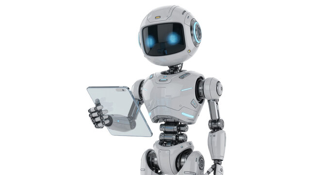 Futuristic white robot holding a transparent tablet, isolated on transparent background