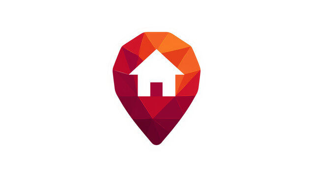 Geometric red and orange location pin with white house symbol, isolated on transparent background