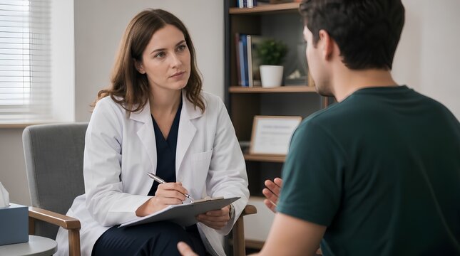 Female therapist in white coat attentively listening to young male patient during consultation session in bright office, holding clipboard and pen for clinical notes