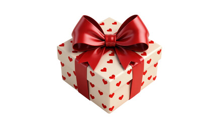 Fototapeta premium Cream colored gift box with red hearts pattern and red ribbon bow, isolated on transparent background