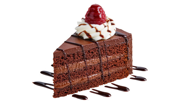 Decadent chocolate cake slice with whipped cream raspberry and chocolate drizzle, isolated on transparent background