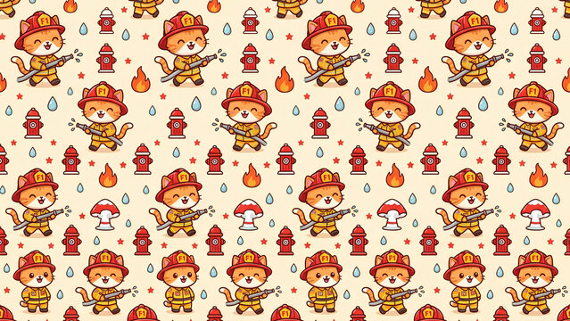 Seamless pattern with cute cartoon firefighter cats.