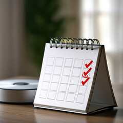 Fototapeta na wymiar Desk calendar monthly planner spiral bound paper red check marks wooden table office daylight organization productivity