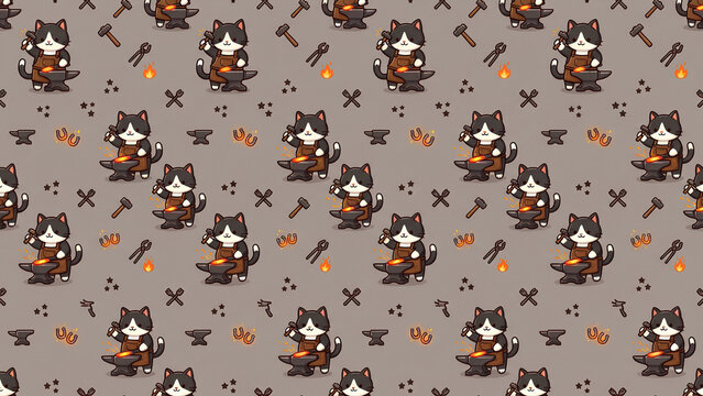 Seamless pattern featuring cute cartoon cats working as blacksmiths.