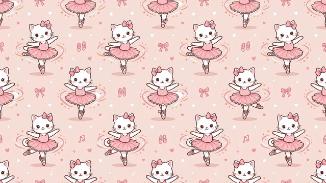 Seamless pattern with cute ballerina kittens in pink tutus.