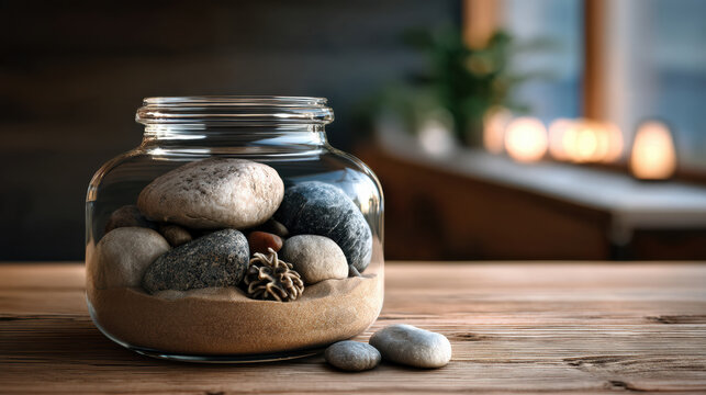 Glass jar with large stones, pebbles, sand, and pine cone on wooden table, cozy warm indoor lighting, natural decor, peaceful atmosphere