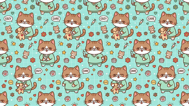 Seamless pattern with cute cartoon cats dressed as doctors and nurses.