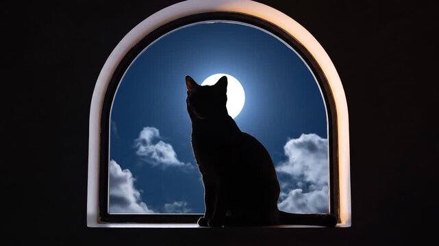 Black cat silhouette sitting in an arched window at night with full moon